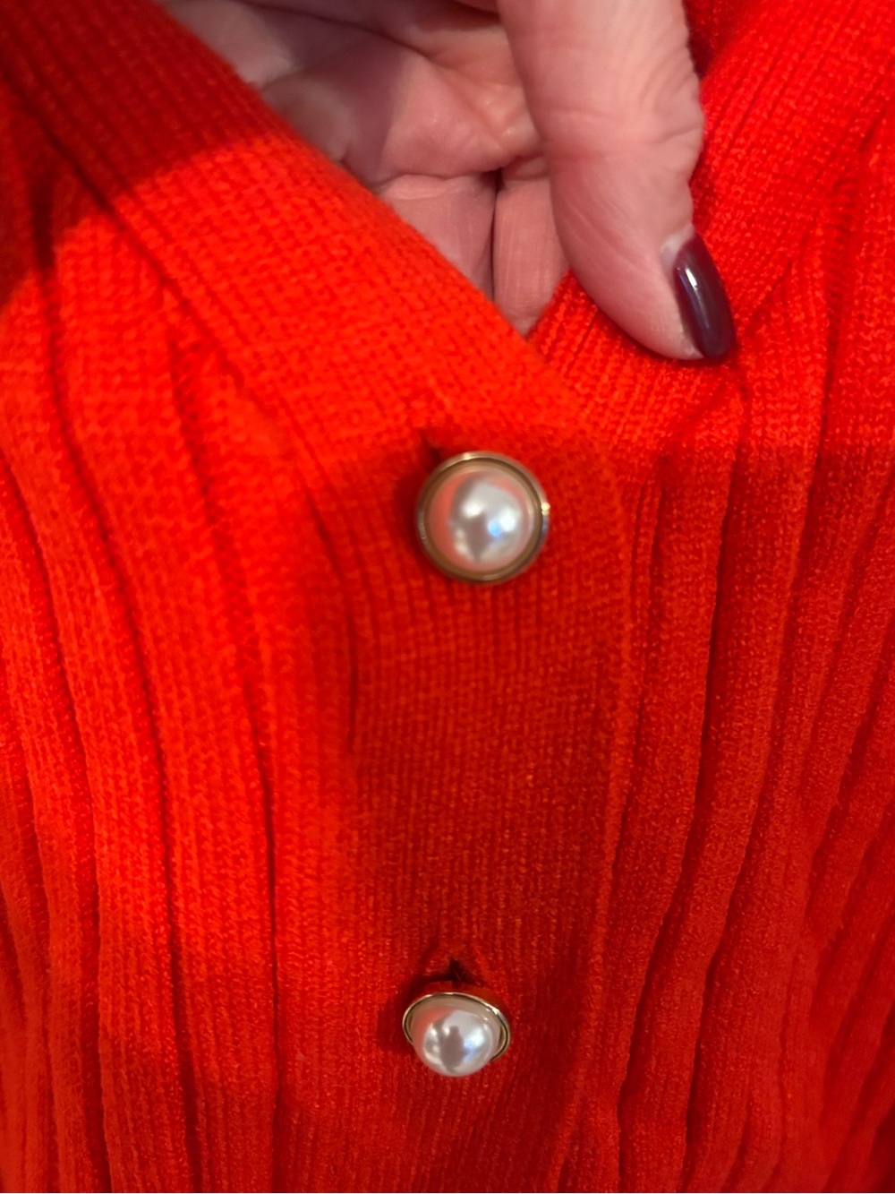 Laundry by Shelli Segal Red Ribbed Pearl Button Ruffle Cardigan - Picture 6 of 10